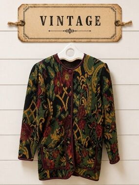 VINTAGE Long Tapestry Cardigan – Size M (estimated)